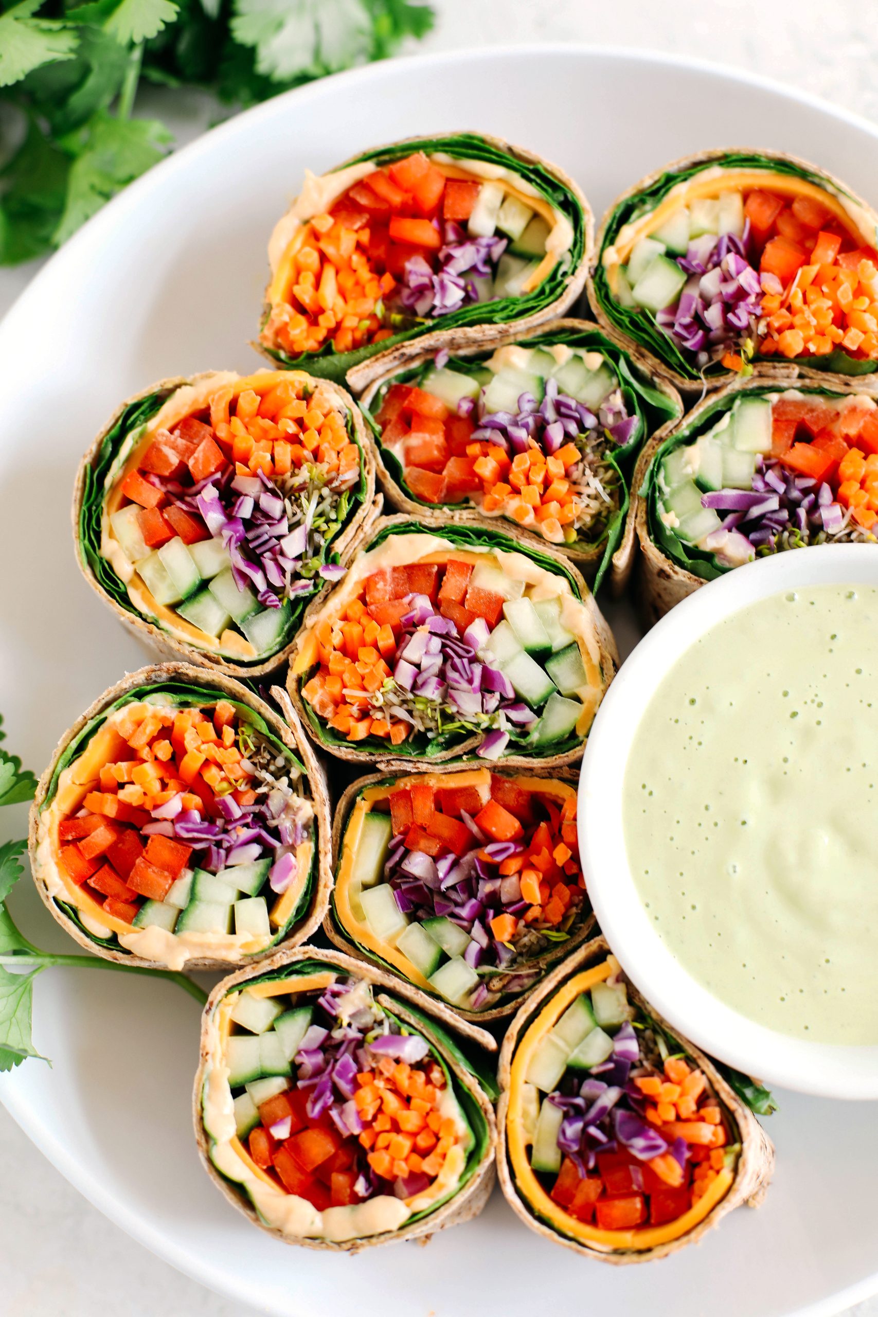 Rainbow Veggie Rolls with Ginger Avocado Dressing